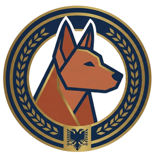 Besnik Canine Academy crest — a Doberman head within a laurel ring bearing the Albanian double-headed eagle